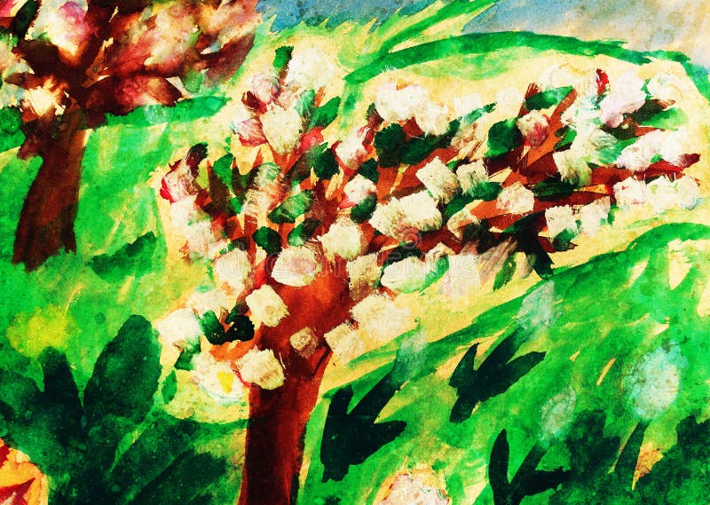 O desenho da criança da árvore de maçã garten na flor ilustração royalty free O desenho da criança da árvore de maçã garten na flor ilustração royalty free