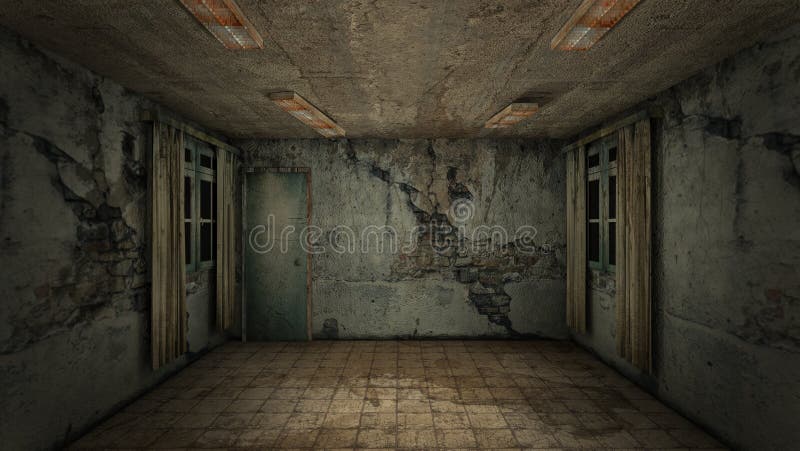 O desenho interior do horror e os danos assustadores da sala vazia renderização 3D