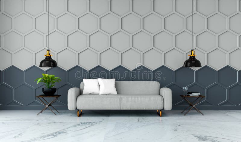O design de interiores moderno da sala, o sofá cinzento da tela no revestimento de mármore e o cinza com a parede preta /3d da ma ilustração stock O design de interiores moderno da sala, o sofá cinzento da tela no revestimento de mármore e o cinza com a parede preta /3d da ma ilustração stock