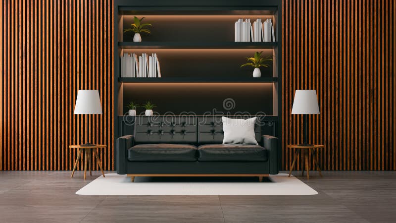 O design de interiores moderno da sala de visitas do sótão, o sofá preto com biblioteca preta e a parede de madeira velha /3d ren ilustração stock O design de interiores moderno da sala de visitas do sótão, o sofá preto com biblioteca preta e a parede de madeira velha /3d ren ilustração stock