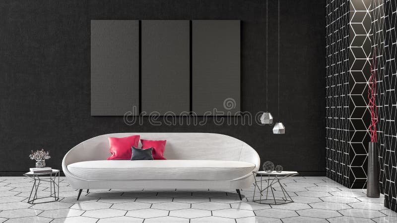 O design de interiores moderno do conceito da sala de visitas preto e branco, 3d rende ilustração do vetor O design de interiores moderno do conceito da sala de visitas preto e branco, 3d rende ilustração do vetor