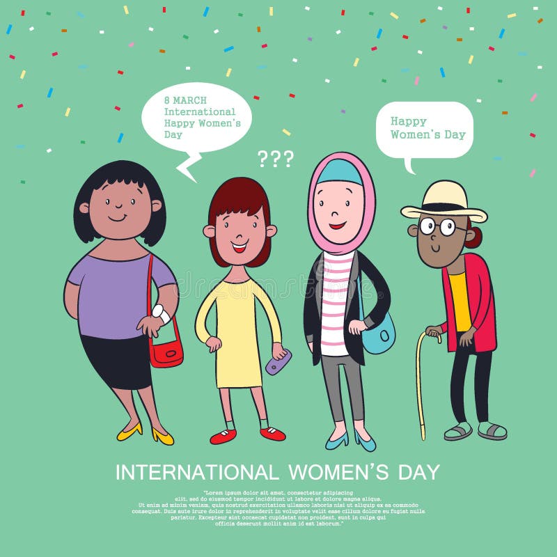 O dia das mulheres internacionais felizes, a ilustração do vetor dos desenhos animados das mulheres, o cartaz ou o projeto da ban ilustração do vetor O dia das mulheres internacionais felizes, a ilustração do vetor dos desenhos animados das mulheres, o cartaz ou o projeto da ban ilustração do vetor