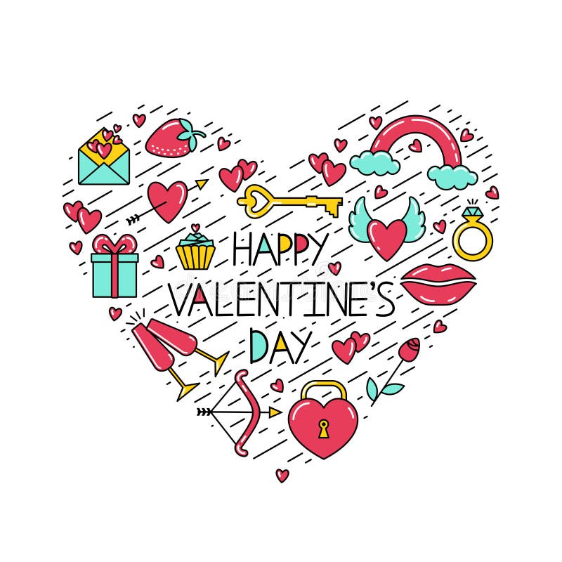 O dia de Valentim feliz da inscrição com os símbolos e as linhas pretas arranjados na forma de um coração ilustração stock O dia de Valentim feliz da inscrição com os símbolos e as linhas pretas arranjados na forma de um coração ilustração stock