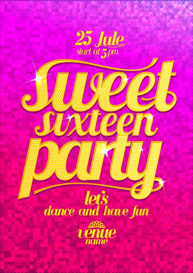 O doce dezesseis party o cartaz cor-de-rosa da forma com letras do ouro ilustração royalty free O doce dezesseis party o cartaz cor-de-rosa da forma com letras do ouro ilustração royalty free