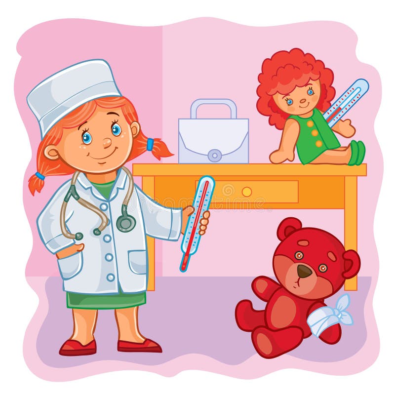 O doutor da menina trata seus brinquedos ilustração do vetor O doutor da menina trata seus brinquedos ilustração do vetor