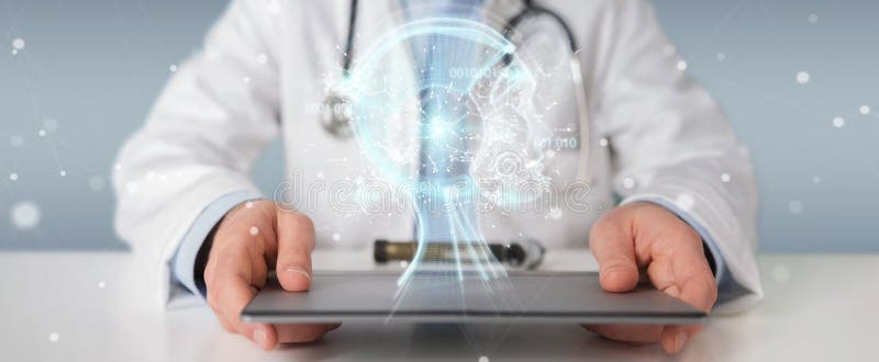 O doutor que usa a relação digital 3D da inteligência artificial rende ilustração stock O doutor que usa a relação digital 3D da inteligência artificial rende ilustração stock