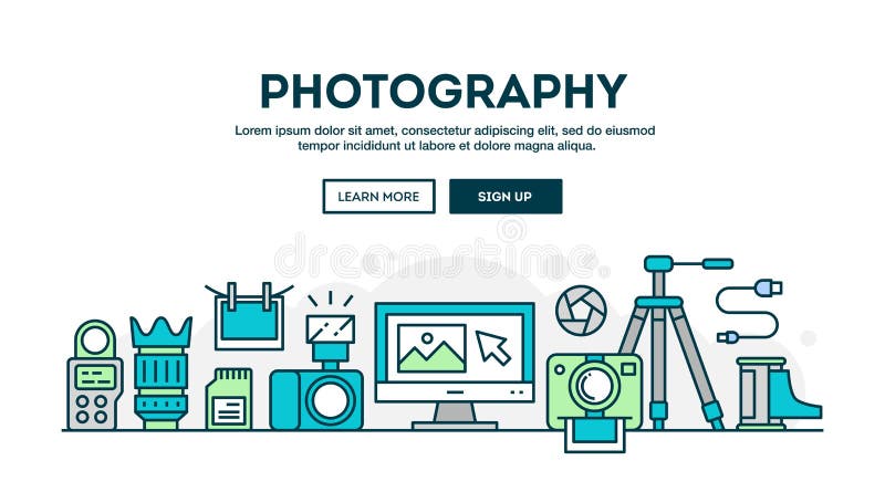 O equipamento da fotografia, encabeçamento colorido do conceito, projeto liso dilui ilustração royalty free O equipamento da fotografia, encabeçamento colorido do conceito, projeto liso dilui ilustração royalty free