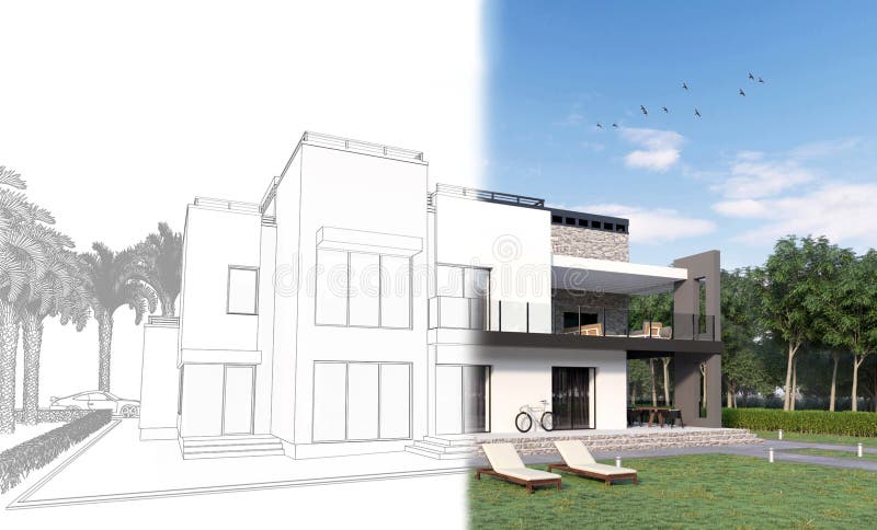 o esboço 3d de um pátio traseiro privado moderno da casa com os vadios de um terraço, do gramado, da bicicleta e do sol que torna ilustração royalty free o esboço 3d de um pátio traseiro privado moderno da casa com os vadios de um terraço, do gramado, da bicicleta e do sol que torna ilustração royalty free