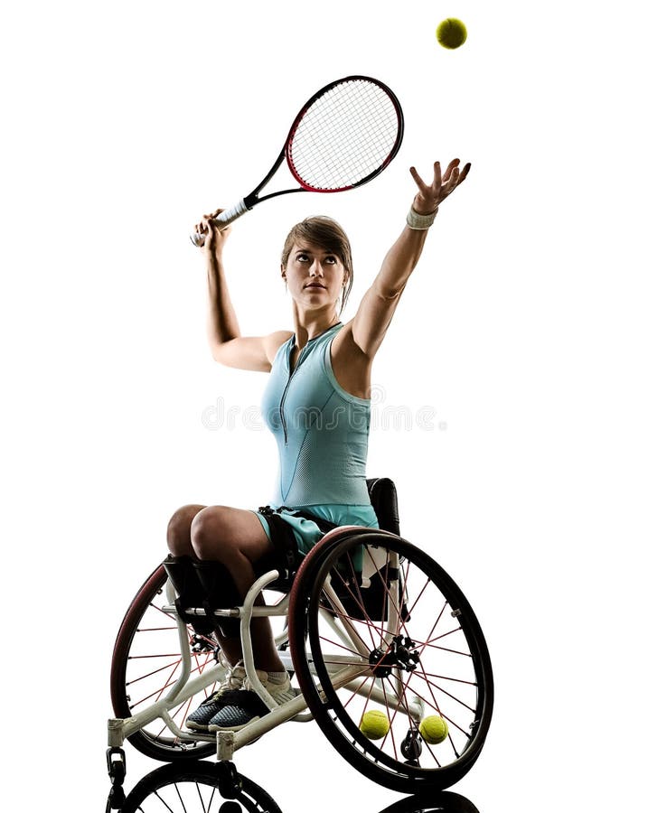 O esporte deficiente novo do welchair da mulher do jogador de tênis isolou o si fotos de stock O esporte deficiente novo do welchair da mulher do jogador de tênis isolou o si fotos de stock