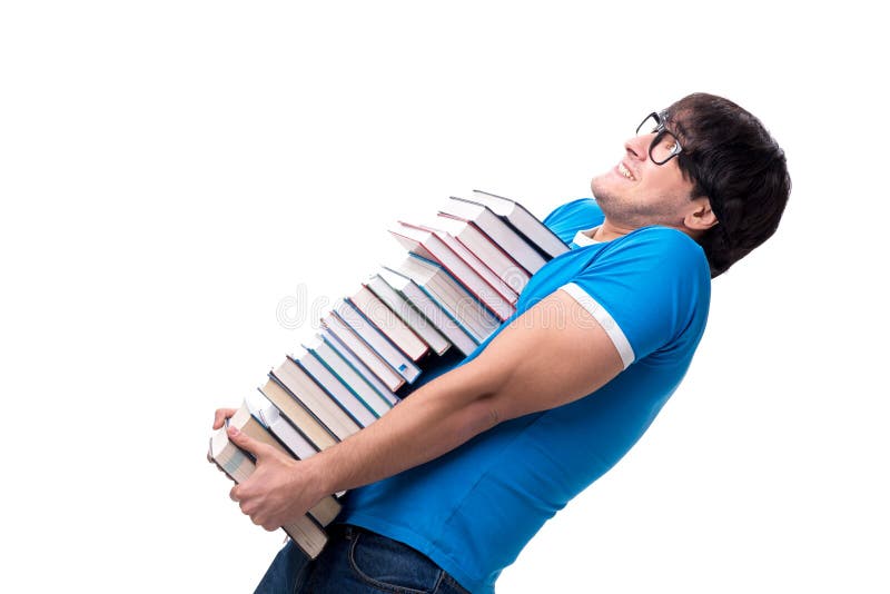O estudante masculino com muitos livros isolados no branco foto de stock royalty free O estudante masculino com muitos livros isolados no branco foto de stock royalty free