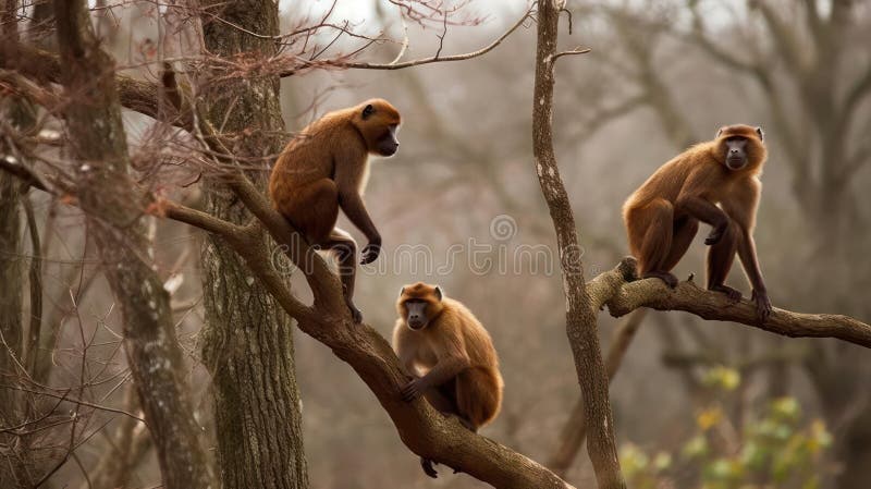 O familie de babuini care se joacă în arbori creați cu ajutor generativ stock illustration