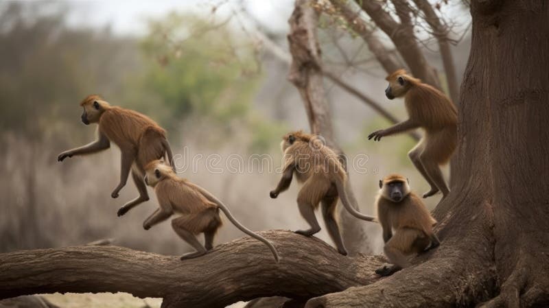 O familie de babuini care se joacă în arbori creați cu ajutor generativ vector illustration
