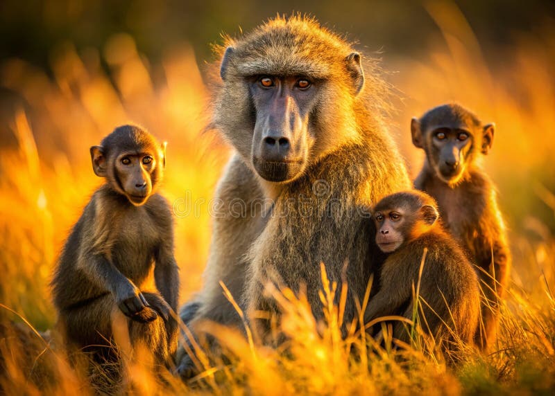 O familie maiestuoasă de babuini, pe o fotografie savană africană uluitoare, care captează legătura dintre mamă și pui stock illustration