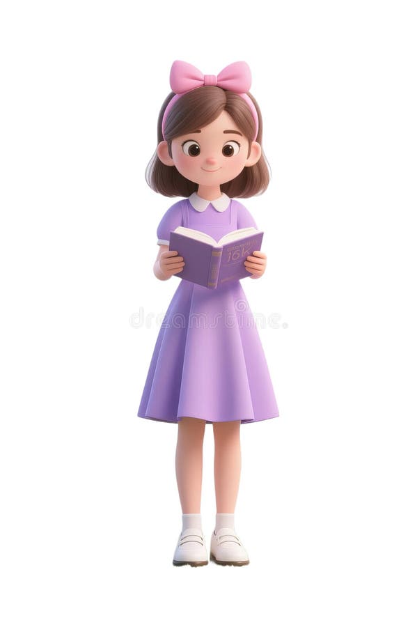 O fată într-o rochie violet citind intenționat vector illustration