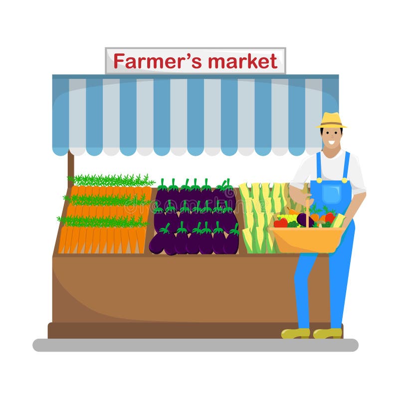 O fazendeiro com uma cesta dos vegetais e do fruto nos fazendeiros ilustração royalty free O fazendeiro com uma cesta dos vegetais e do fruto nos fazendeiros ilustração royalty free