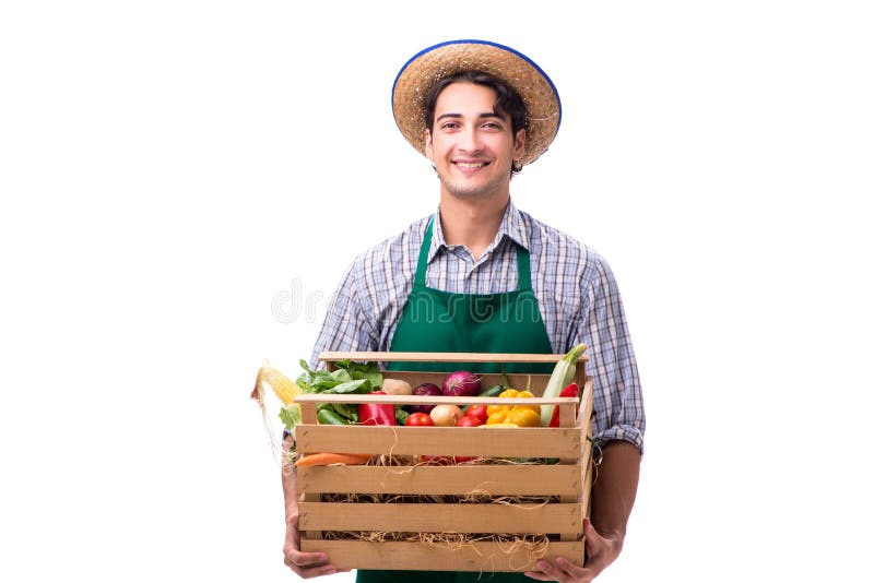 O fazendeiro novo com os produtos frescos isolados no fundo branco imagens de stock O fazendeiro novo com os produtos frescos isolados no fundo branco imagens de stock