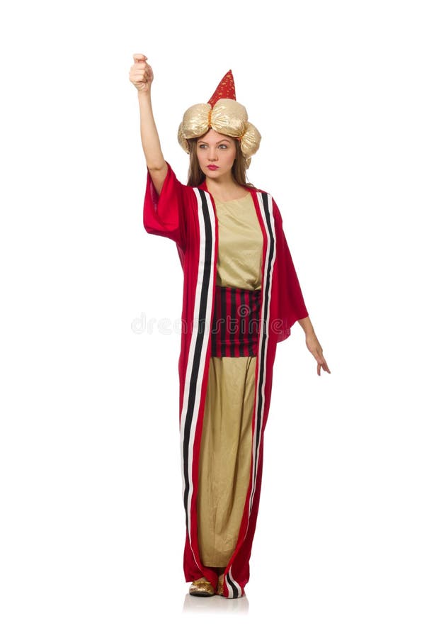 O feiticeiro da mulher na roupa vermelha isolada no branco foto de stock O feiticeiro da mulher na roupa vermelha isolada no branco foto de stock