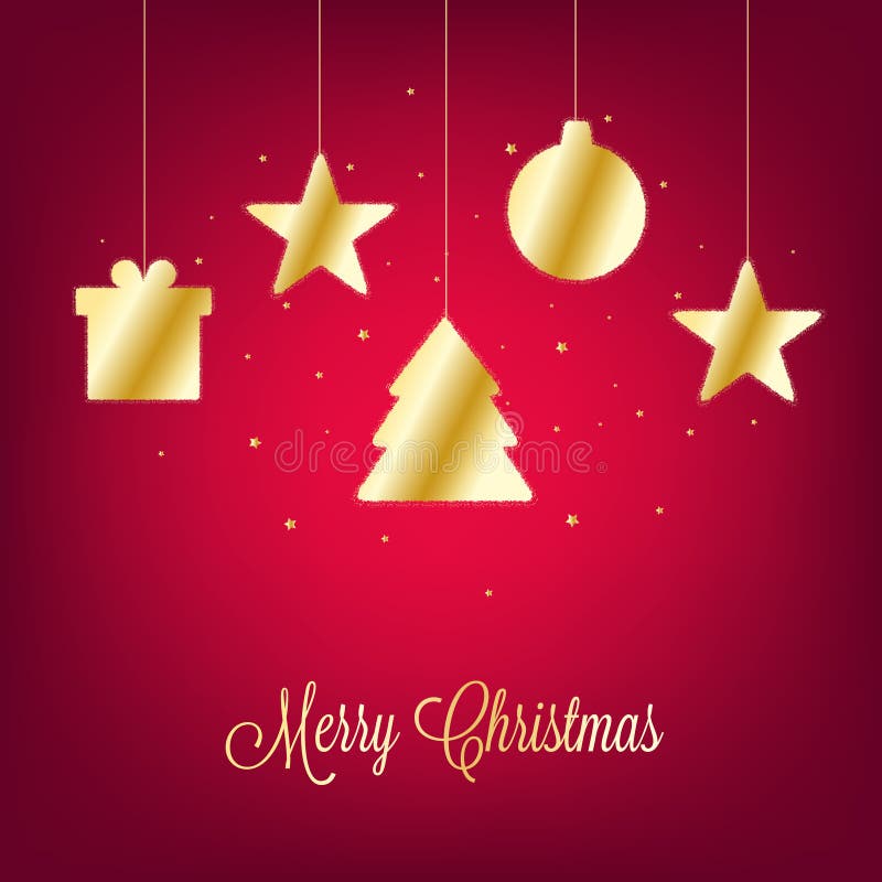 O Feliz Natal carda com as decorações douradas do Natal no fundo vermelho ilustração royalty free O Feliz Natal carda com as decorações douradas do Natal no fundo vermelho ilustração royalty free