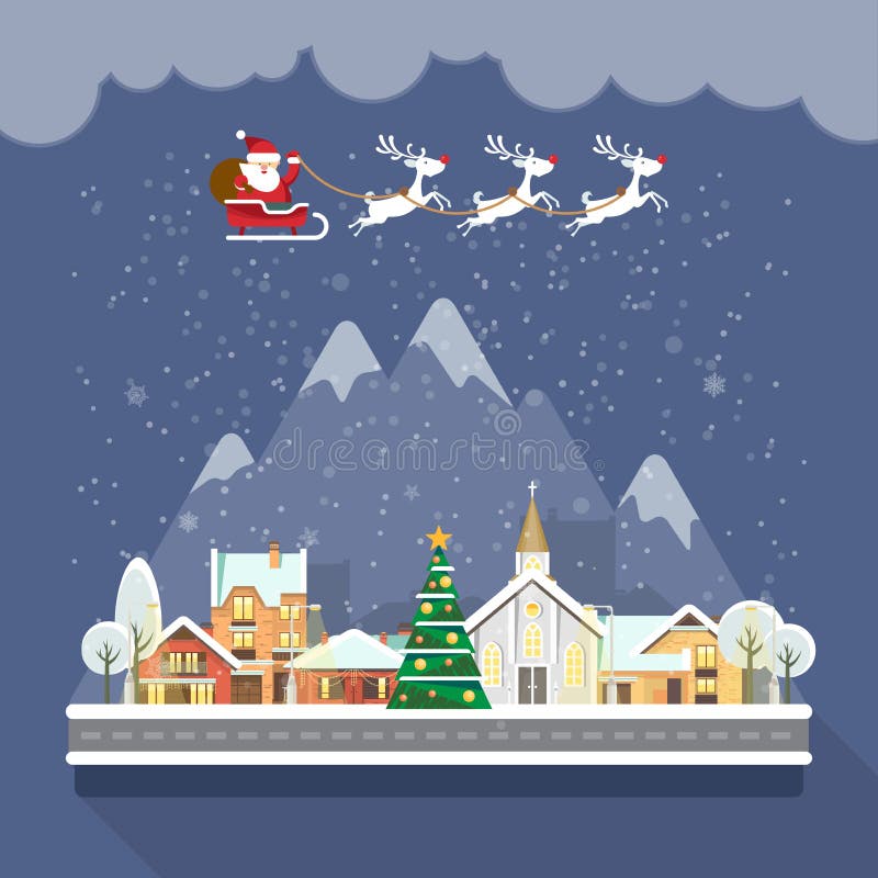 O Feliz Natal e um ano novo feliz vector o cartão no projeto liso moderno Cidade do Natal Papai Noel com renas ilustração royalty free O Feliz Natal e um ano novo feliz vector o cartão no projeto liso moderno Cidade do Natal Papai Noel com renas ilustração royalty free