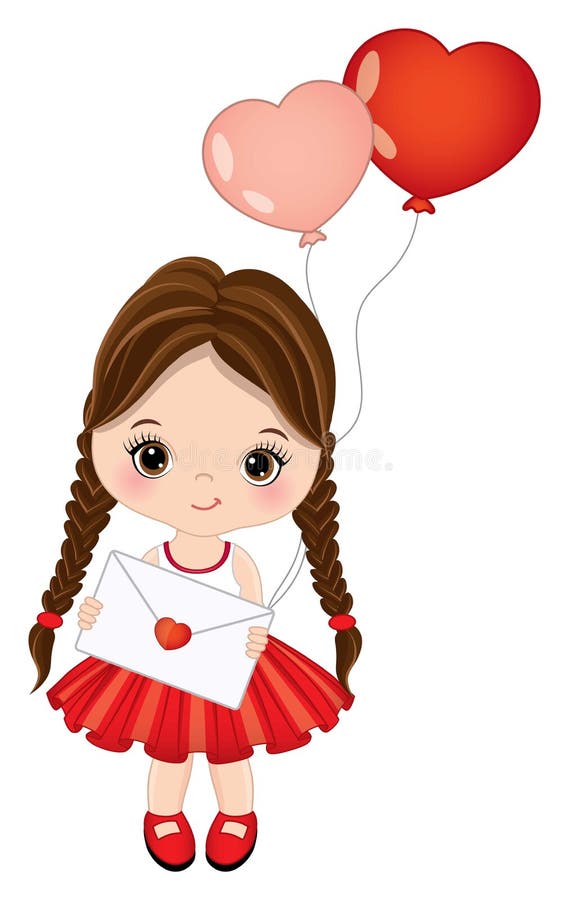 O fetiță brunetă drăguță care ține baloane cu aer în formă de inimă. fată drăguță vectorială cu baloane royalty free illustration