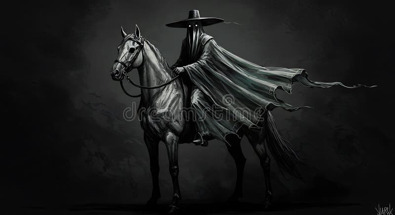 O figură misterioasă îmbrăcată în robe zdrențuite curge un cal negru maiestuos. vector illustration