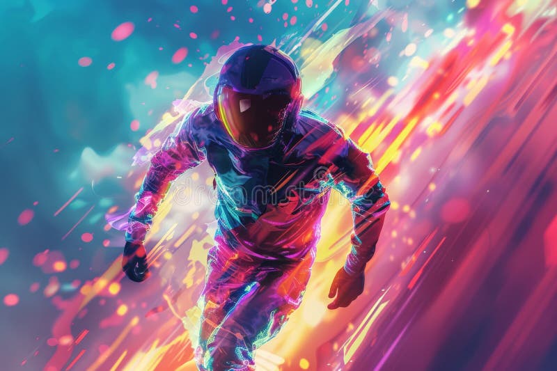 O figură într-o cască și un costum colorat se deplasează prin linii abstracte de viteză cu energie vibrantă vector illustration