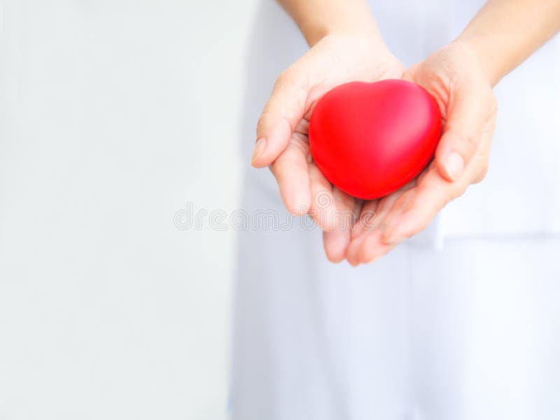 O foco seletivo do coração vermelho guardou pelo ` fêmea s da enfermeira ambo a mão, representando dando todo o esforço para entr