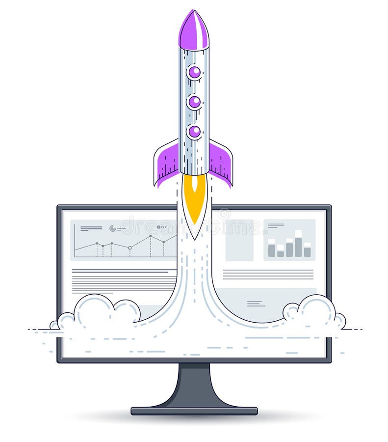 O foguete da partida para decolar sobre o monitor do computador, voo do foguete de espaço começa acima o conceito do negócio do I ilustração stock O foguete da partida para decolar sobre o monitor do computador, voo do foguete de espaço começa acima o conceito do negócio do I ilustração stock