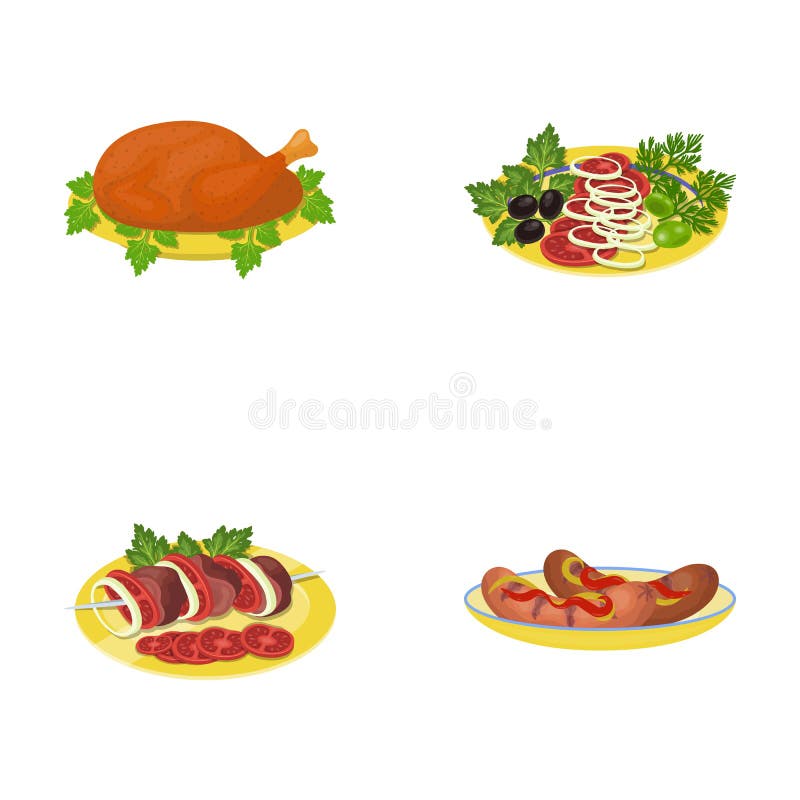 Fried chicken, vegetable salad, shish kebab with vegetables, fried sausages on a plate. Food and Cooking set collection icons in cartoon style vector symbol stock illustration . Fried chicken, vegetable salad, shish kebab with vegetables, fried sausages on a plate. Food and Cooking set collection icons in cartoon style vector symbol stock illustration .