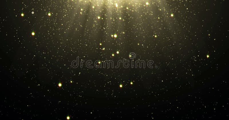O fundo abstrato das partículas do brilho do ouro com as estrelas de brilho que caem para baixo e alargamento claro ou brilho ove