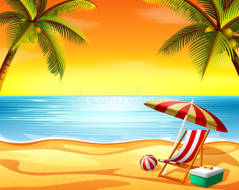 O fundo bonito da opinião do por do sol na praia com a cadeira de praia e as árvores de coco ilustração royalty free