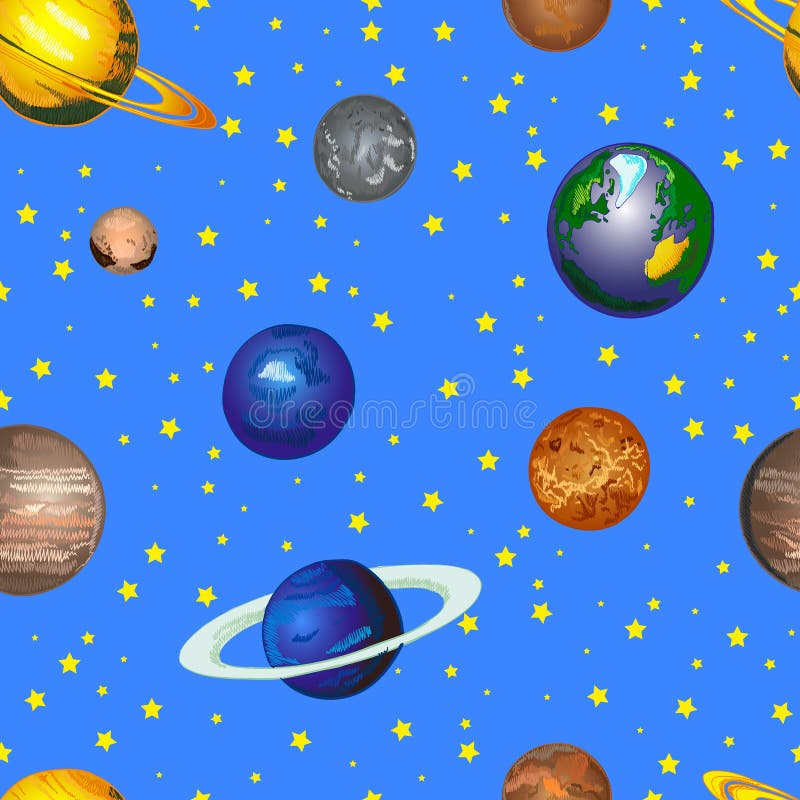 O fundo do VETOR do cosmos da garatuja, teste padrão sem emenda, mão tirada coloriu planetas no céu azul brilhante ilustração do vetor O fundo do VETOR do cosmos da garatuja, teste padrão sem emenda, mão tirada coloriu planetas no céu azul brilhante ilustração do vetor
