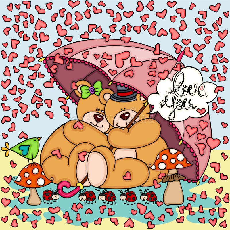 O fundo que chove corações acopla ursos de peluche com guarda-chuva ilustração stock O fundo que chove corações acopla ursos de peluche com guarda-chuva ilustração stock