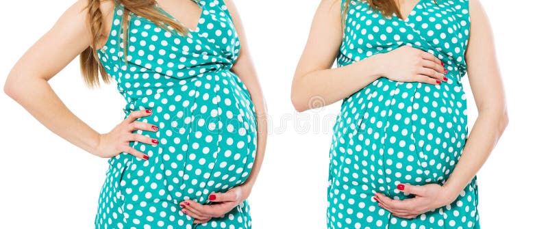 O grupo da mulher gravida no vestido guarda as mãos na barriga isolada no fundo branco Gravidez e conceito de maternidade da cola fotografia de stock royalty free O grupo da mulher gravida no vestido guarda as mãos na barriga isolada no fundo branco Gravidez e conceito de maternidade da cola fotografia de stock royalty free
