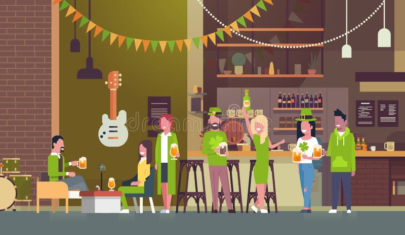 O grupo de amigos comemora o dia feliz do St Patricks na barra ou no bar, pessoa que veste a roupa verde tradicional e beber ilustração stock O grupo de amigos comemora o dia feliz do St Patricks na barra ou no bar, pessoa que veste a roupa verde tradicional e beber ilustração stock