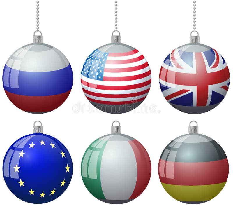 O grupo de bolas coloridas do ornamento do vetor da árvore de Natal com as bandeiras dos EUA Rússia Grâ Bretanha com bola acorren ilustração stock O grupo de bolas coloridas do ornamento do vetor da árvore de Natal com as bandeiras dos EUA Rússia Grâ Bretanha com bola acorren ilustração stock
