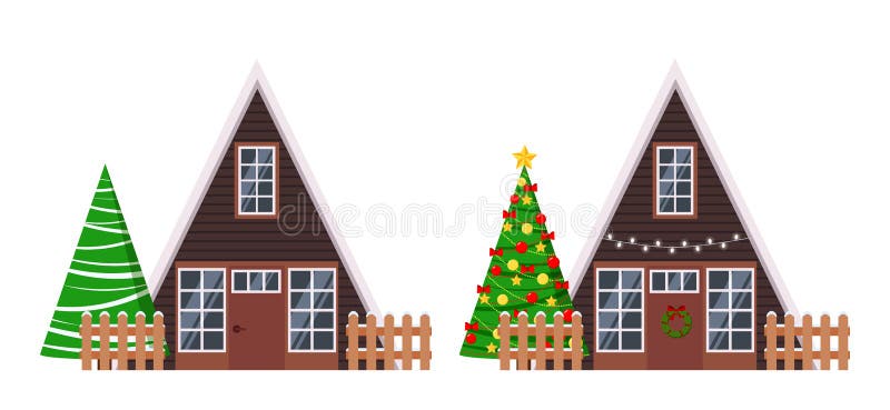 O grupo de casas de madeira isoladas do um-quadro da exploração agrícola rural com cercas decorou a festão e a grinalda, abetos v ilustração stock O grupo de casas de madeira isoladas do um-quadro da exploração agrícola rural com cercas decorou a festão e a grinalda, abetos v ilustração stock