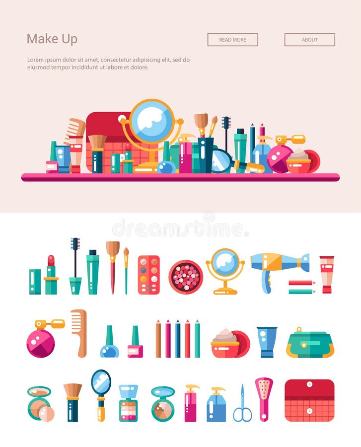 O grupo de cosméticos lisos do projeto, compõe ícones e ilustração stock O grupo de cosméticos lisos do projeto, compõe ícones e ilustração stock
