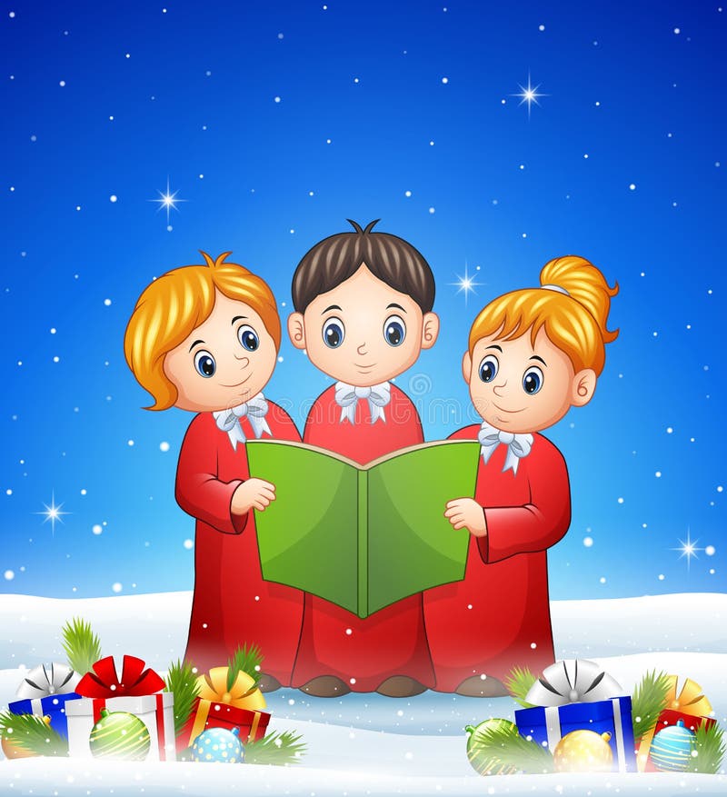 O grupo de crianças choir no fundo do inverno com bolas ilustração do vetor