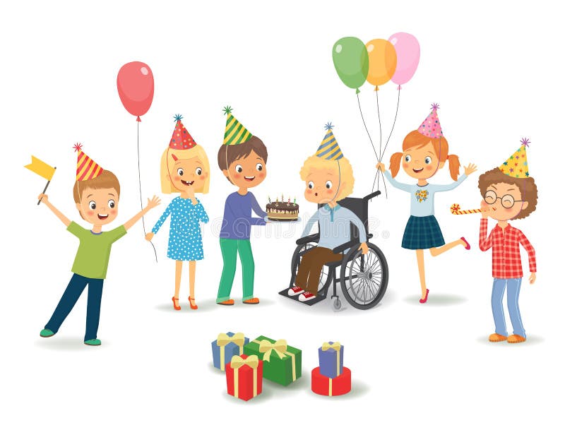 O grupo de crianças felizes felicita a criança deficiente em seu birt ilustração royalty free O grupo de crianças felizes felicita a criança deficiente em seu birt ilustração royalty free