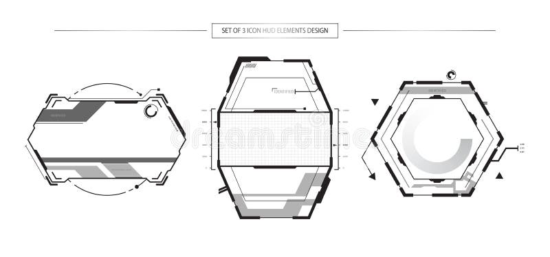O grupo de 3 elementos abstratos do ícone da tecnologia de HUD objeta o projeto