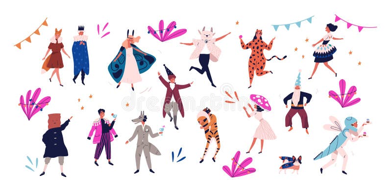O grupo de homens felizes e de mulheres vestidos em trajes festivos para o disfarce, carnaval, partido, celebração do feriado iso ilustração stock O grupo de homens felizes e de mulheres vestidos em trajes festivos para o disfarce, carnaval, partido, celebração do feriado iso ilustração stock