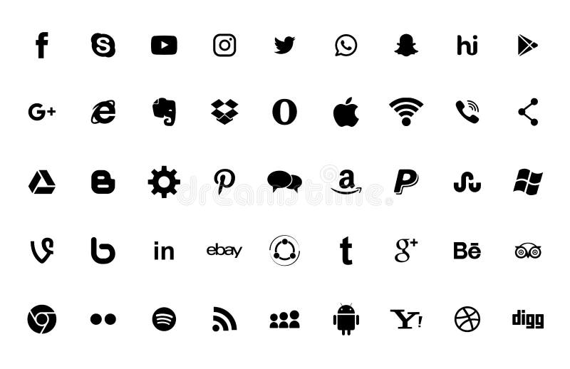 O grupo de logotipos sociais populares dos meios, ícones enegrece: Instagram, Facebook, Twitter, Youtube, WhatsApp, LinkedIn, Pin