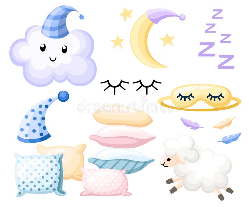O grupo de objetos para o tampão do sono para cores diferentes do descanso ideal paire a atadura da lua da nuvem para os olhos no ilustração stock O grupo de objetos para o tampão do sono para cores diferentes do descanso ideal paire a atadura da lua da nuvem para os olhos no ilustração stock