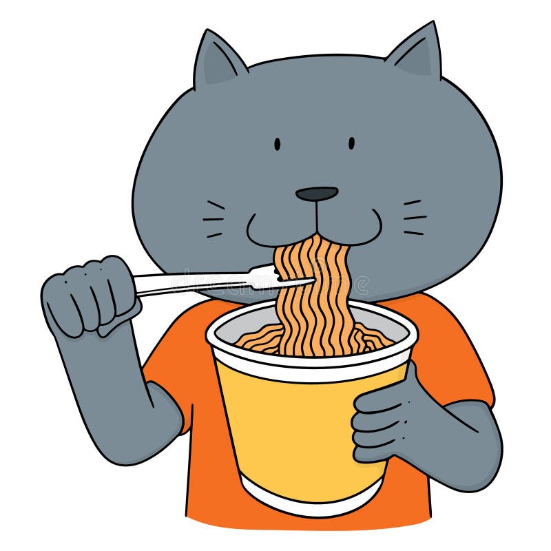 Desenho de gato comendo macarrão para colorir