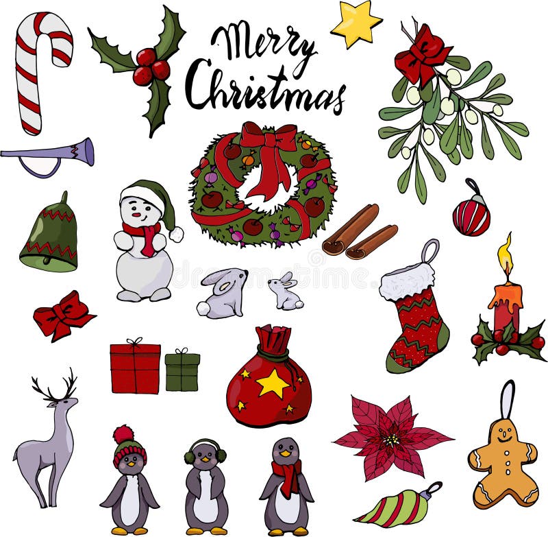 O grupo dos brinquedos do Natal e dos objetos da decoração ilustração royalty free O grupo dos brinquedos do Natal e dos objetos da decoração ilustração royalty free