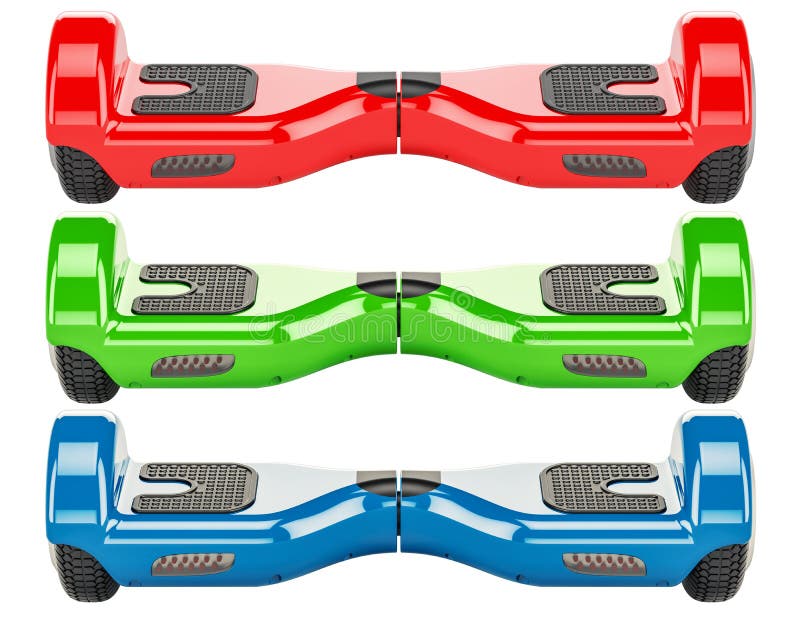 O grupo dos hoverboards coloridos ou dos 'trotinette's deequilíbrio, 3D rende ilustração do vetor O grupo dos hoverboards coloridos ou dos 'trotinette's deequilíbrio, 3D rende ilustração do vetor