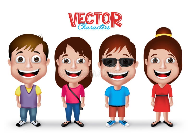 O grupo dos meninos 3D realísticos e de adulto novo das meninas caçoa caráteres ilustração do vetor O grupo dos meninos 3D realísticos e de adulto novo das meninas caçoa caráteres ilustração do vetor