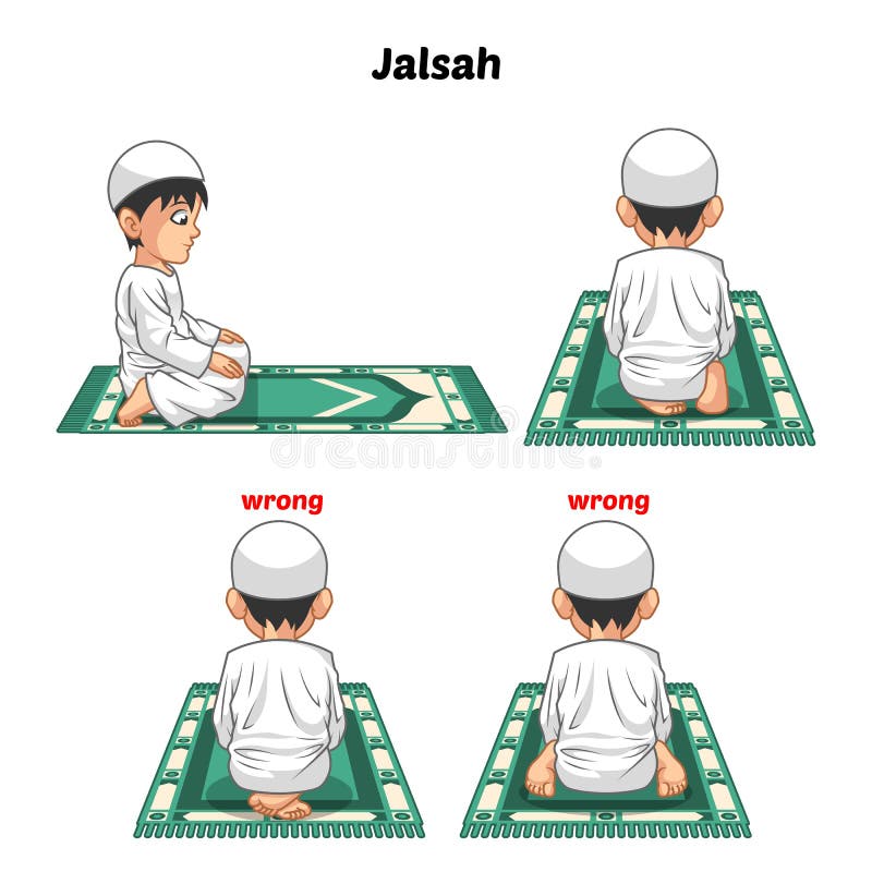 This image is a muslim prayer position guide, step by step perform by boy, containing wrong position of sitting and feet vector illustration. This image is a muslim prayer position guide, step by step perform by boy, containing wrong position of sitting and feet vector illustration