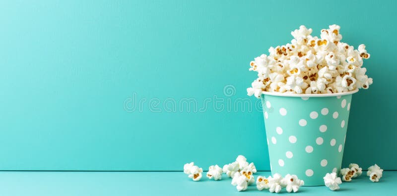 O gustare veselă așteaptă cu popcorn într-un recipient colorat, pe fond albastru royalty free stock images